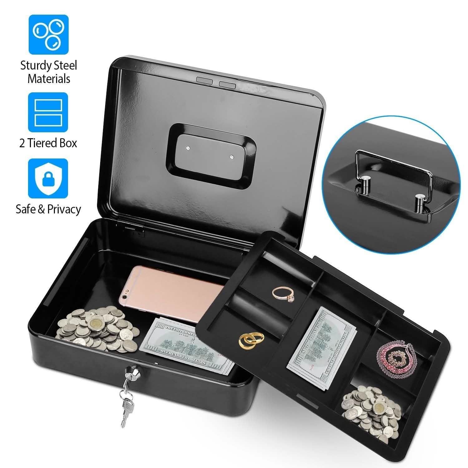 Steel Cash Box with Removable Tray Storage & Organization - Tophatter Daily Deals