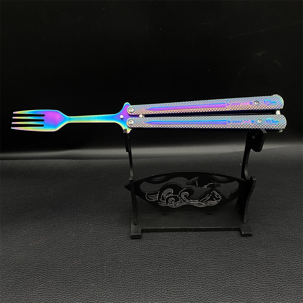 Stainless Steel Rainbow Fork Spoon Balisong Butterfly Trainer Fork & Stand - Tophatter Daily Deals