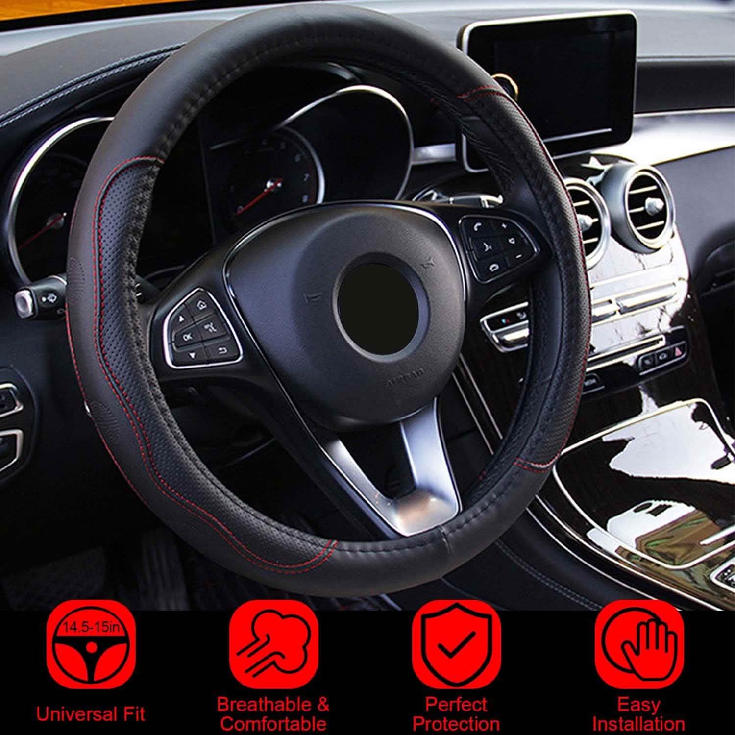 Steering Wheel Cover 14.5"- 15" Diameter Universal Fiber Leather Automotive - Tophatter Daily Deals