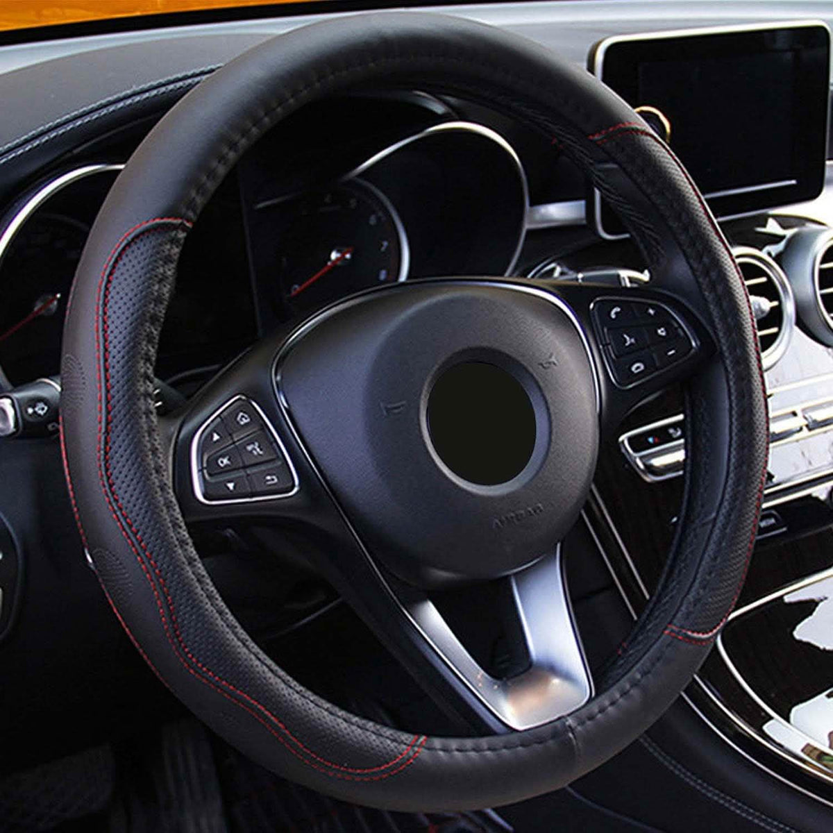 Steering Wheel Cover 14.5"- 15" Diameter Universal Fiber Leather Automotive - Tophatter Daily Deals