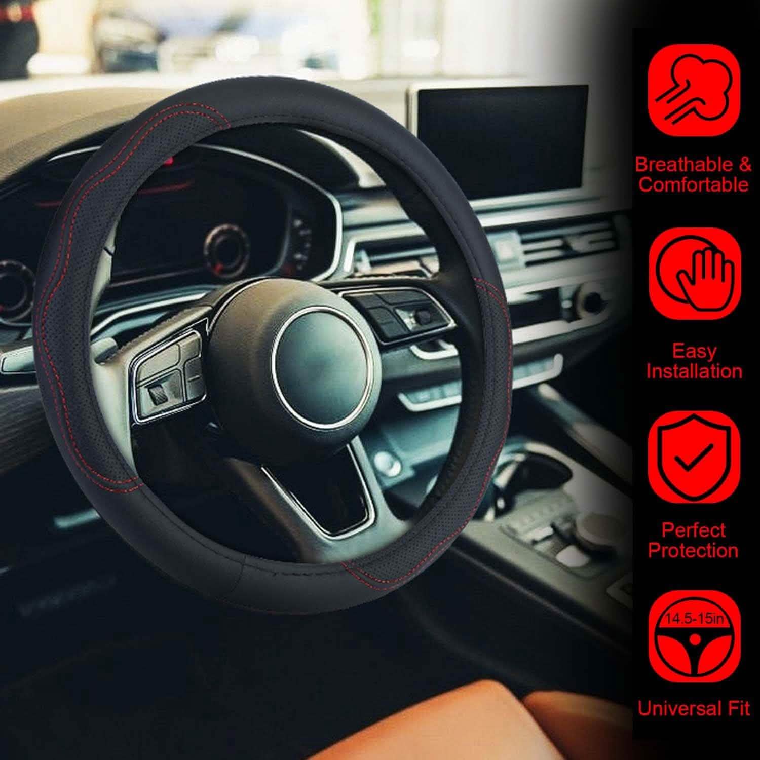 Steering Wheel Cover 14.5"- 15" Diameter Universal Fiber Leather Automotive - Tophatter Daily Deals