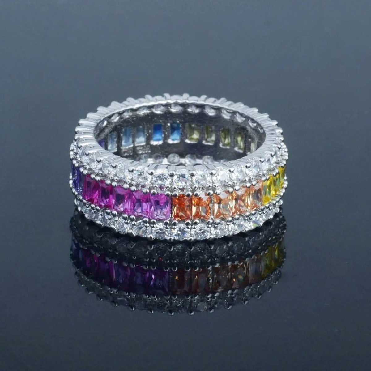 Sterling Silver Emerald Cut Rainbow Prong Eternity Band 9 Rings - Tophatter Daily Deals