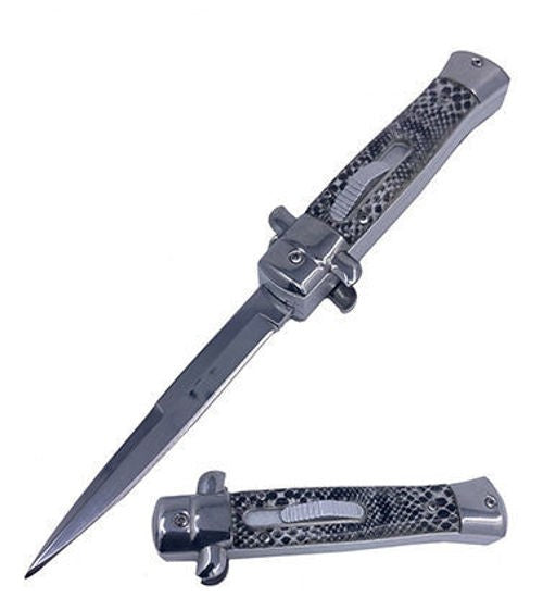 Stiletto OTF Automatic Knife Classic Italian Switchblade - 9 or 11 Inch Grey Snakeskin Pattern - Silver 9