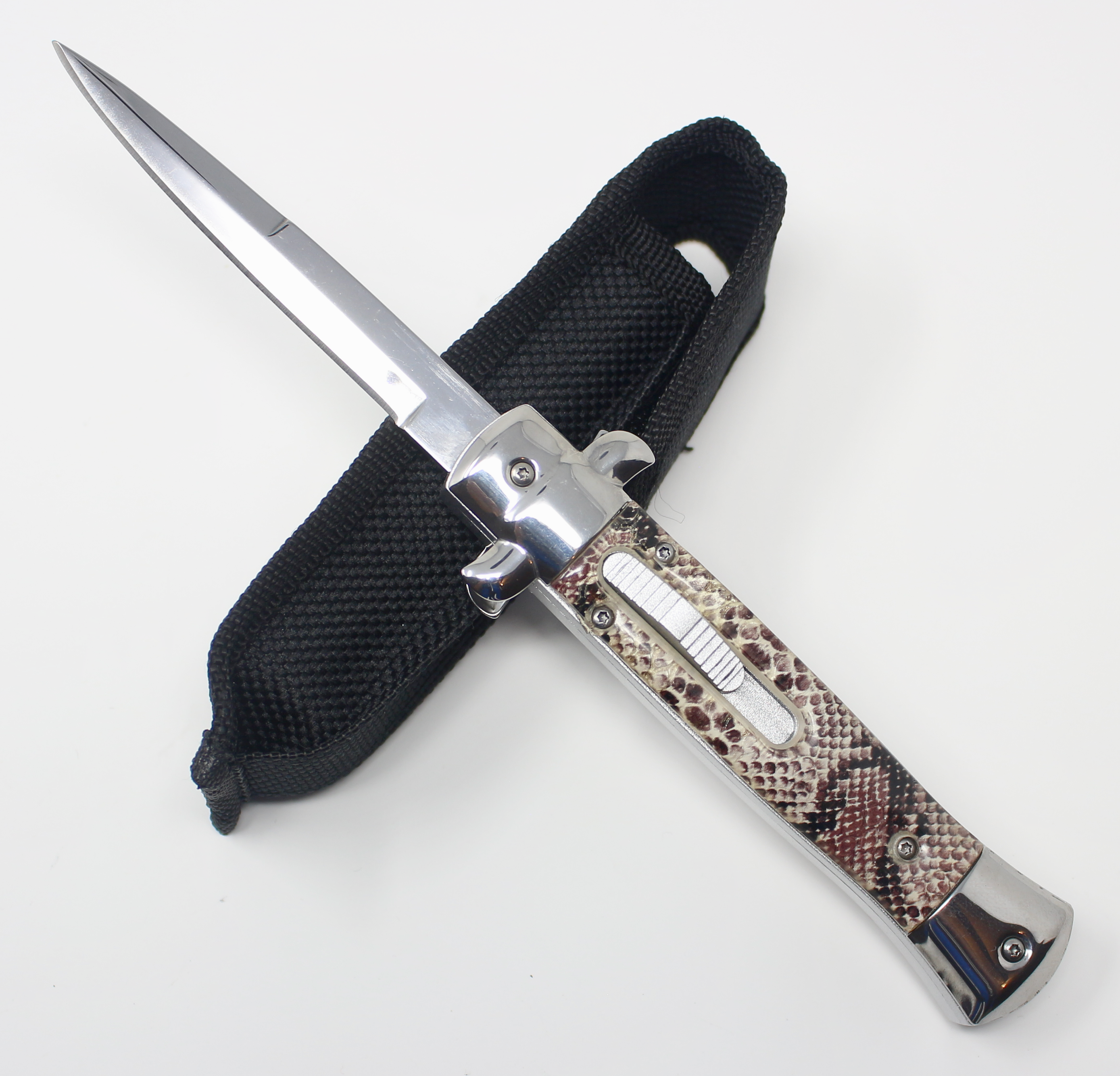 Stiletto OTF Automatic Knife Classic Italian Switchblade - 9 or 11 Inch Brown Snakeskin Pattern - Silver 9