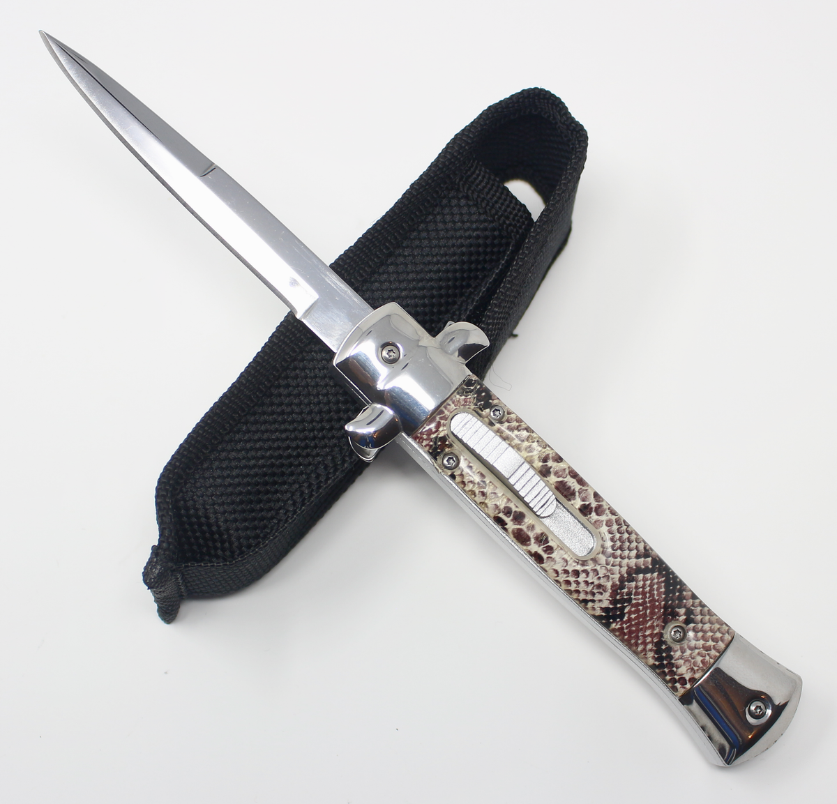 Stiletto OTF Automatic Knife Classic Italian Switchblade - 9 or 11 Inch Brown Snakeskin Pattern - Silver 9" Knife-OTF - Tophatter Daily Deals