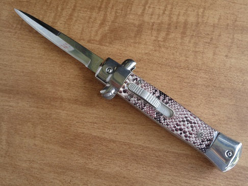Stiletto OTF Automatic Knife Classic Italian Switchblade - 9 or 11 Inch Purple-ish Snakeskin Pattern - Silver 9