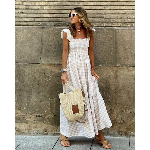 Women Strapless Ruffle Backless Dresses Beige Maxi Dresses - Tophatter Daily Deals