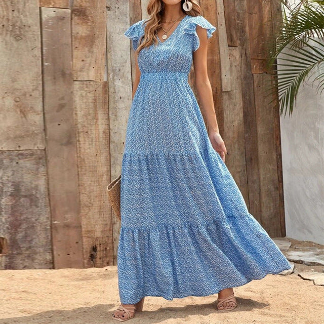 Summer Bohemian Swing Dress Blue Floral Dresses - Tophatter Daily Deals