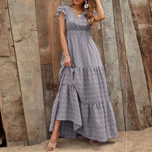 Summer Bohemian Swing Dress Gray Floral Dresses - Tophatter Daily Deals