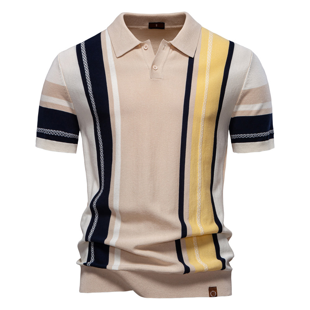 Summer Casual Knit Breathable Striped Blouse Khaki Men's Clothing - Tophatter Daily Deals