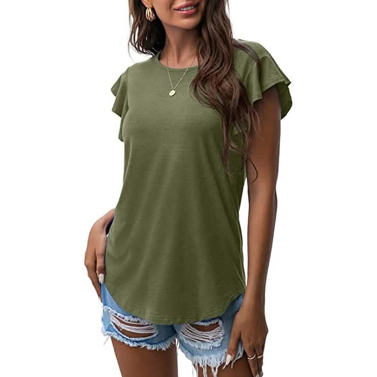 Summer Knit Ruffle Short Sleeve Top Army Green Women's Tops - Tophatter Daily Deals