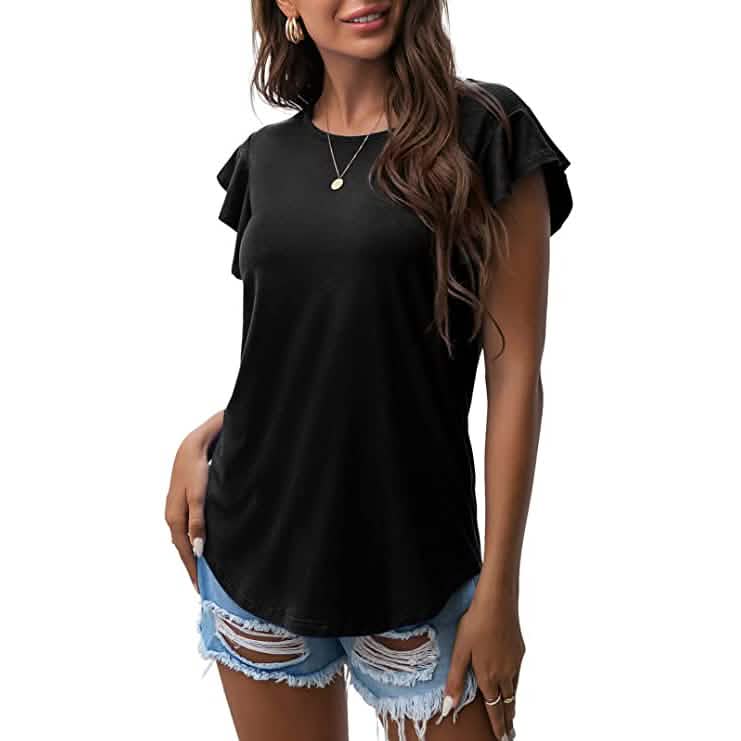 Summer Knit Ruffle Short Sleeve Top Black Women's Tops - Tophatter Daily Deals