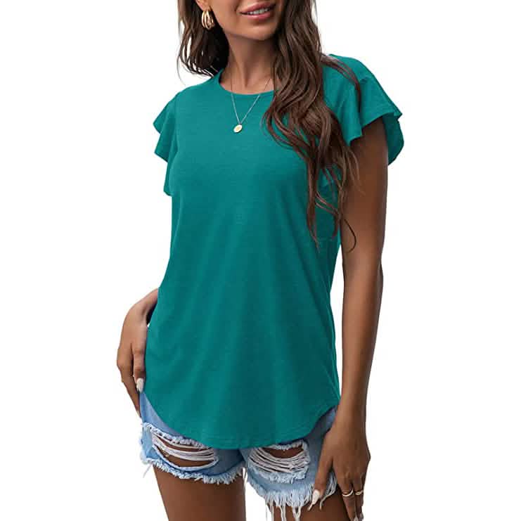 Summer Knit Ruffle Short Sleeve Top Blue Green Women's Tops - Tophatter Daily Deals