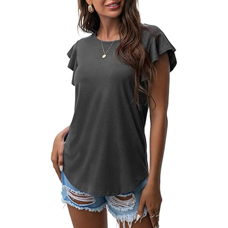 Summer Knit Ruffle Short Sleeve Top Dark Gray Women's Tops - Tophatter Daily Deals