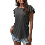 Summer Knit Ruffle Short Sleeve Top Dark Gray Women's Tops - Tophatter Daily Deals