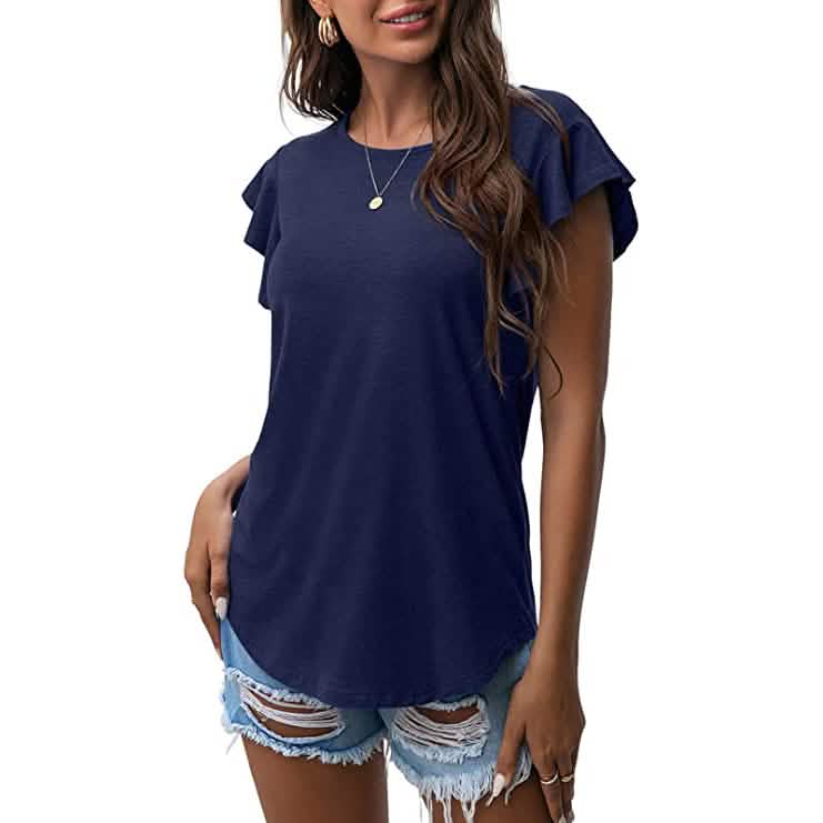 Summer Knit Ruffle Short Sleeve Top Navy Women's Tops - Tophatter Daily Deals