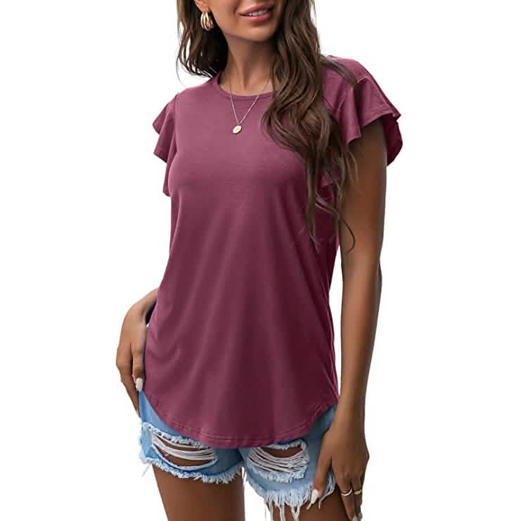 Summer Knit Ruffle Short Sleeve Top Burgundy Women's Tops - Tophatter Daily Deals