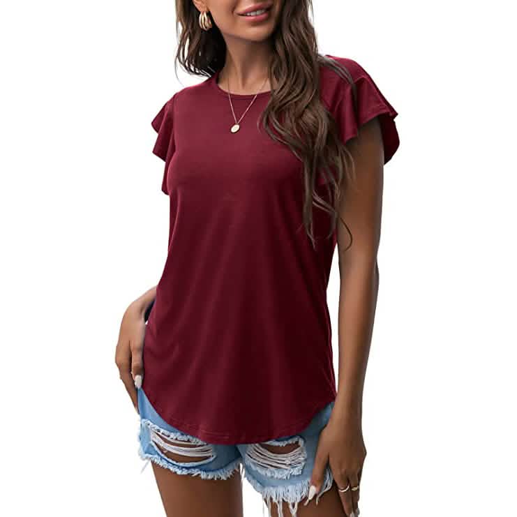 Summer Knit Ruffle Short Sleeve Top Wine Red Women's Tops - Tophatter Daily Deals