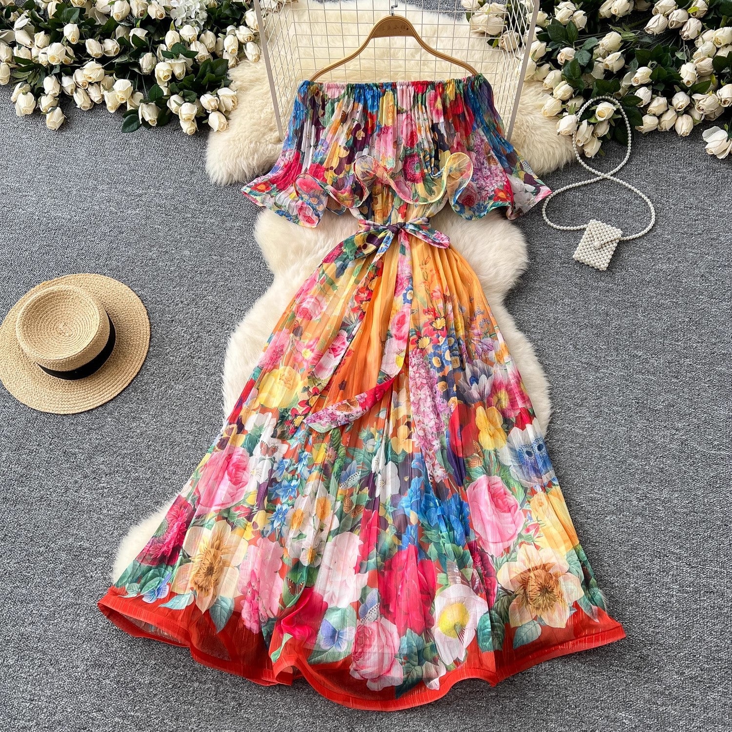 Summer Off Shoulder Gorgeous Flower Holiday Dress Maxi Dresses - Tophatter Daily Deals