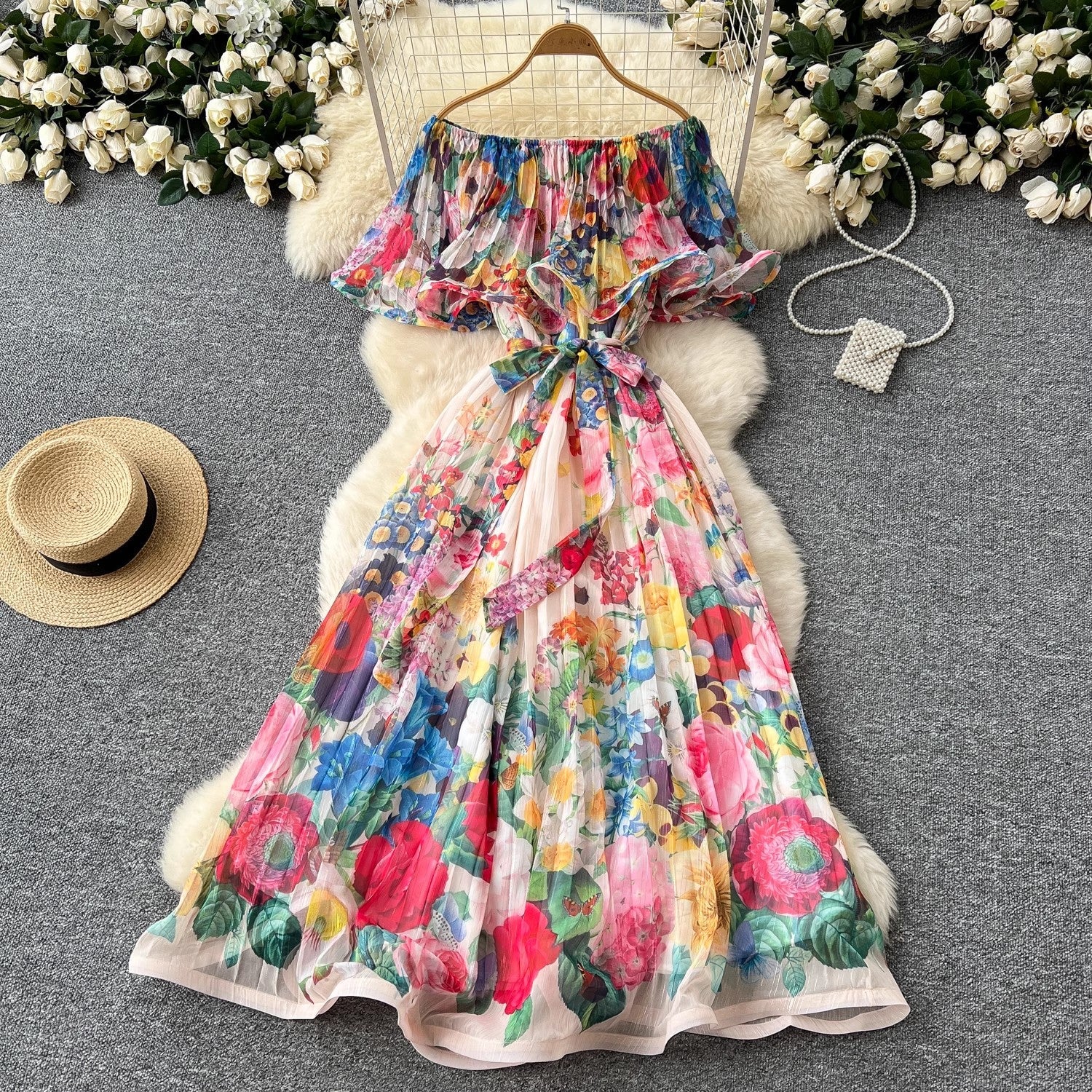 Summer Off Shoulder Gorgeous Flower Holiday Dress Maxi Dresses - Tophatter Daily Deals