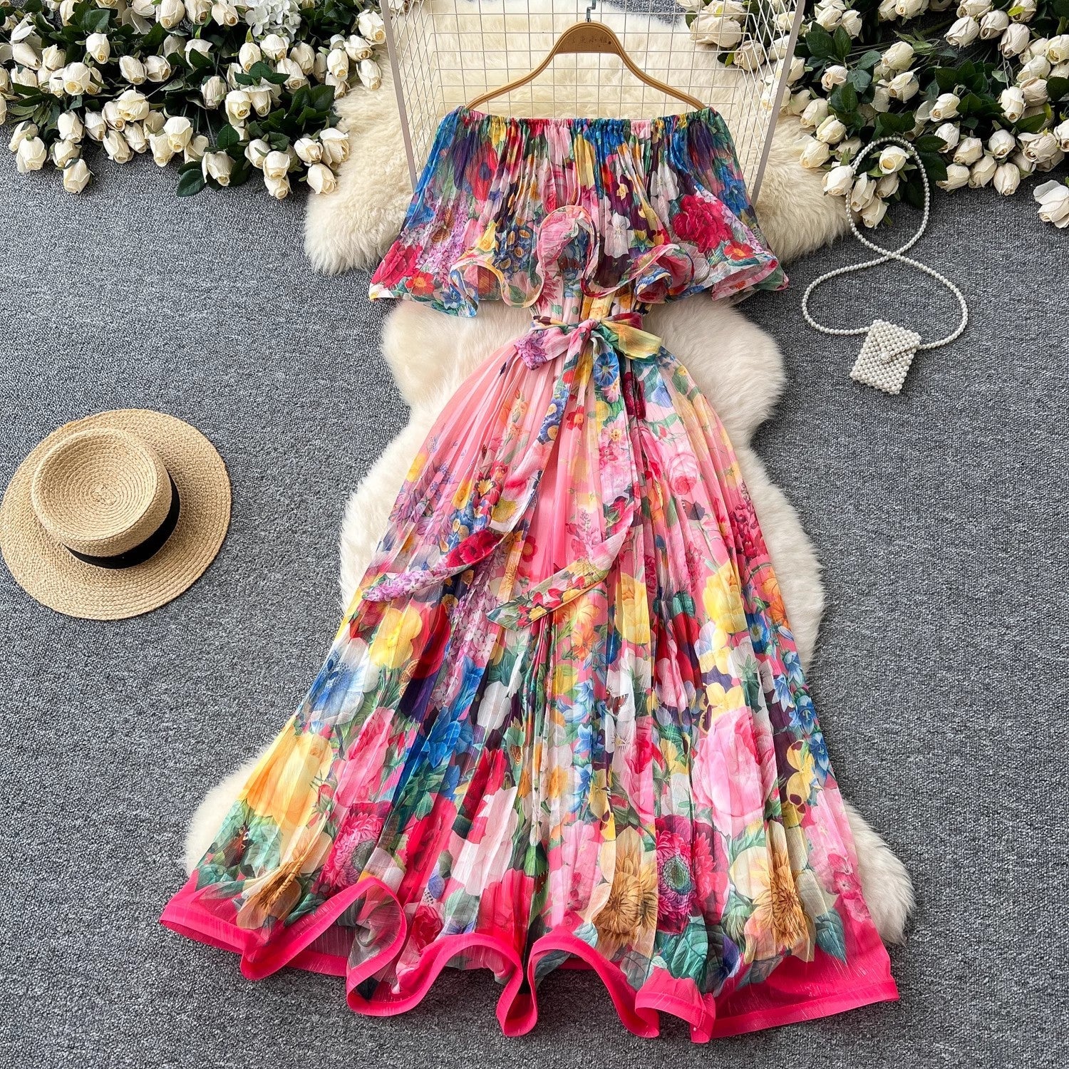 Summer Off Shoulder Gorgeous Flower Holiday Dress Maxi Dresses - Tophatter Daily Deals