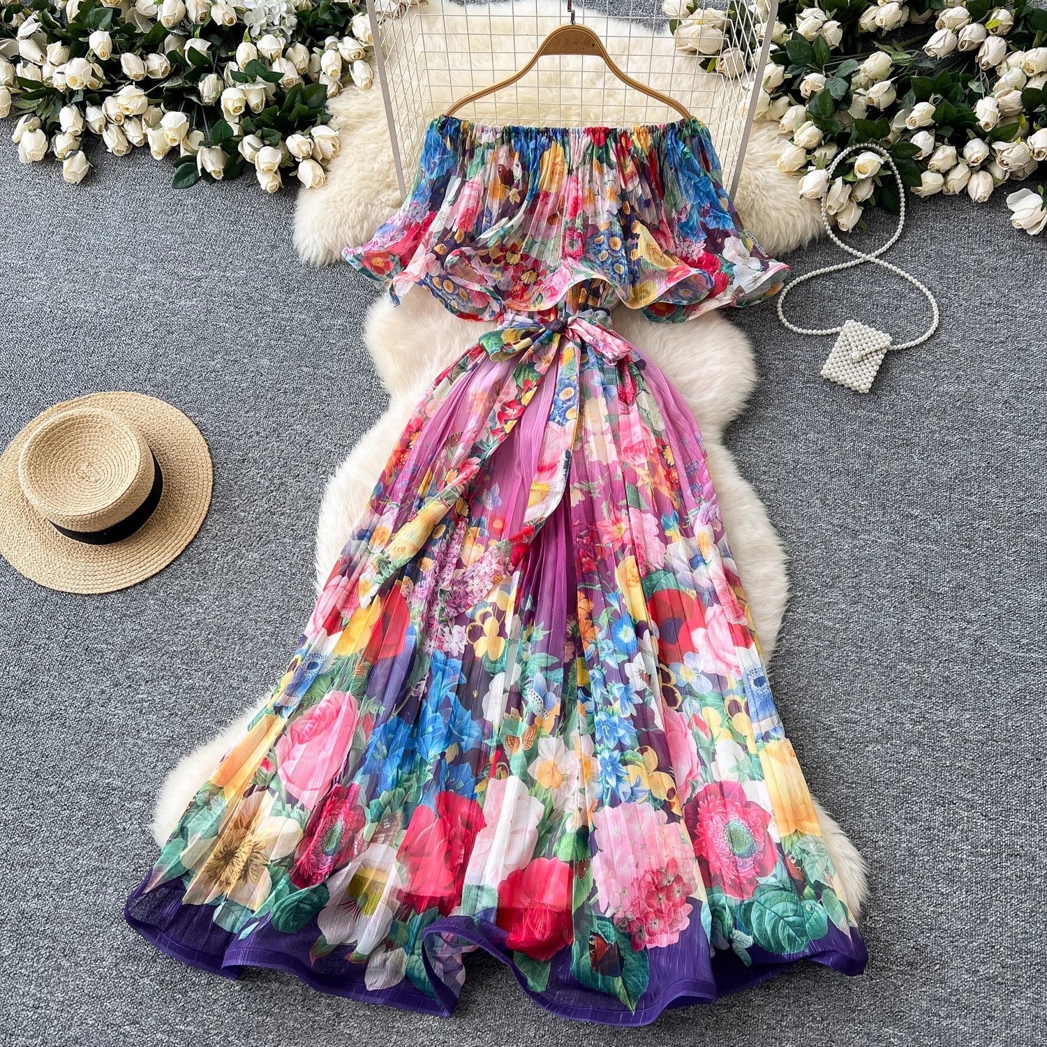 Summer Off Shoulder Gorgeous Flower Holiday Dress Maxi Dresses - Tophatter Daily Deals