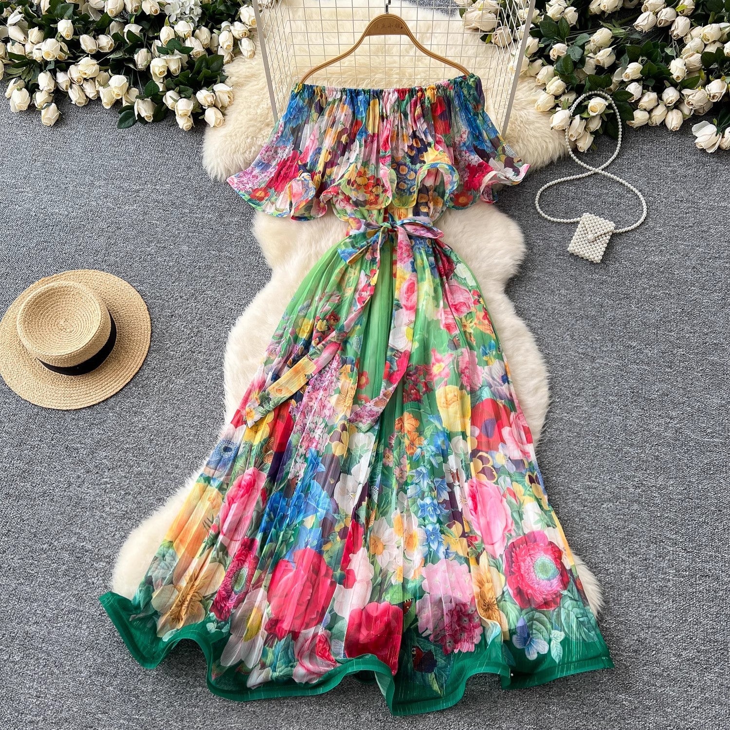 Summer Off Shoulder Gorgeous Flower Holiday Dress Maxi Dresses - Tophatter Daily Deals