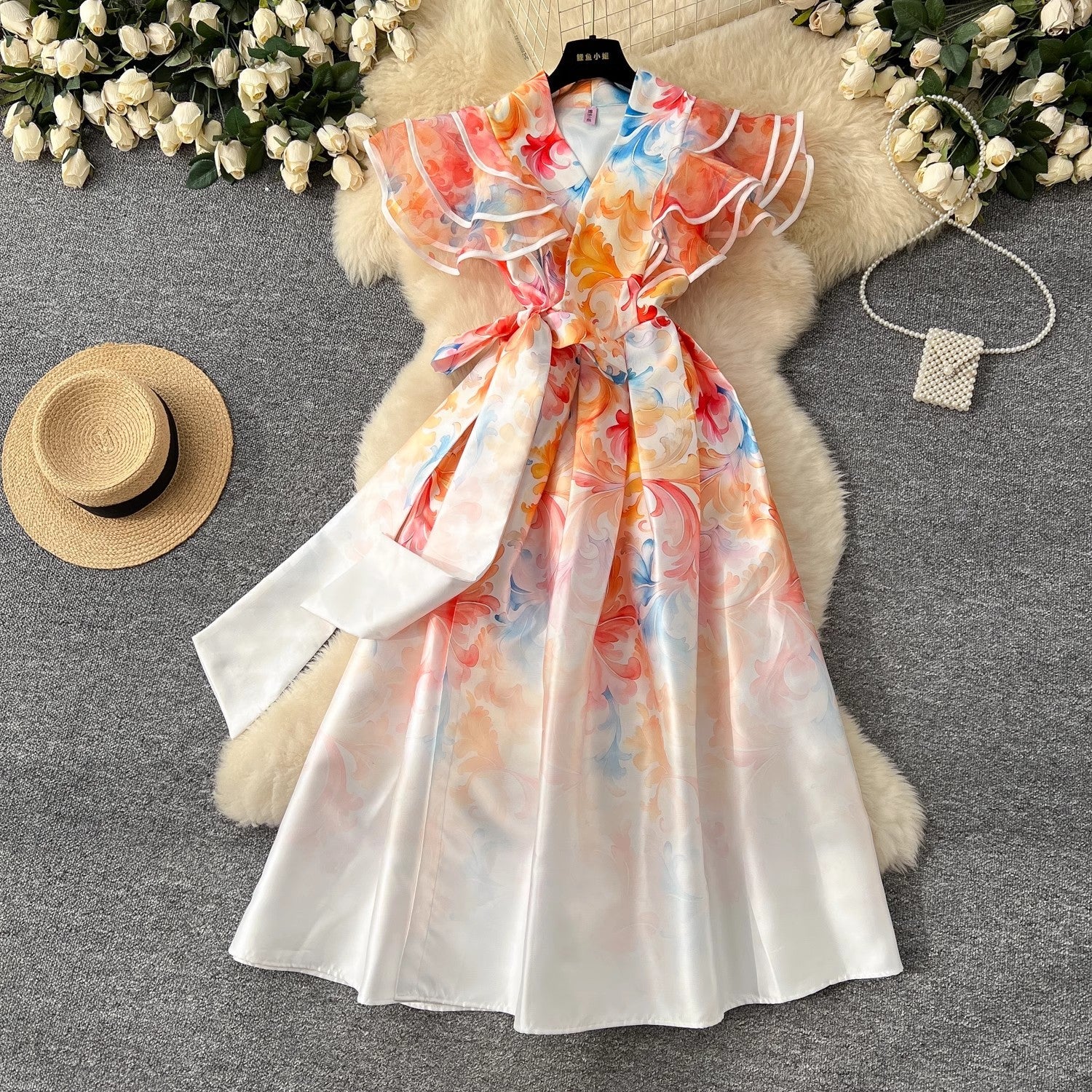 Summer Ruffles Sleeve Lace Up Bow Belt Evening Party Dress Midi Dresses - Tophatter Daily Deals
