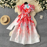 Summer Ruffles Sleeve Lace Up Bow Belt Evening Party Dress Midi Dresses - Tophatter Daily Deals