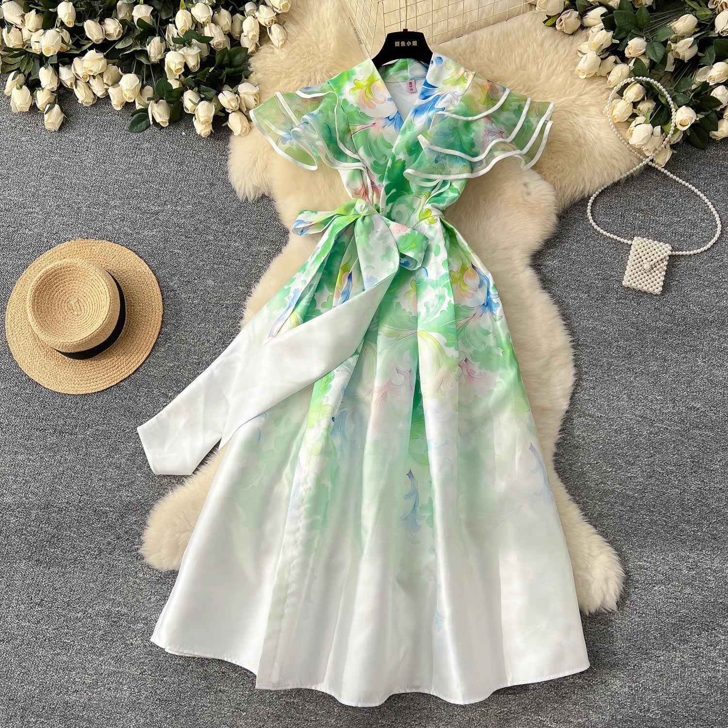 Summer Ruffles Sleeve Lace Up Bow Belt Evening Party Dress Green Midi Dresses - Tophatter Daily Deals
