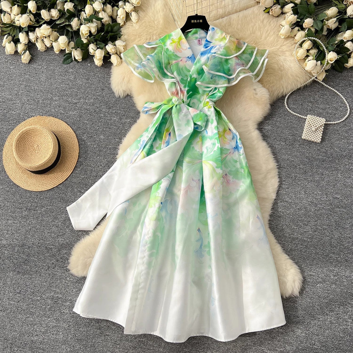 Summer Ruffles Sleeve Lace Up Bow Belt Evening Party Dress Green Midi Dresses - Tophatter Daily Deals