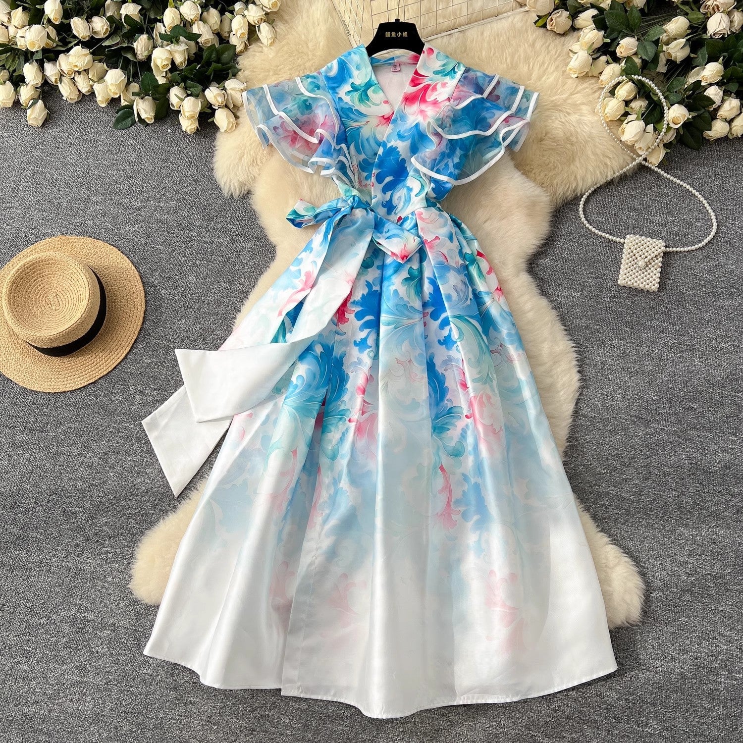 Summer Ruffles Sleeve Lace Up Bow Belt Evening Party Dress Blue Midi Dresses - Tophatter Daily Deals
