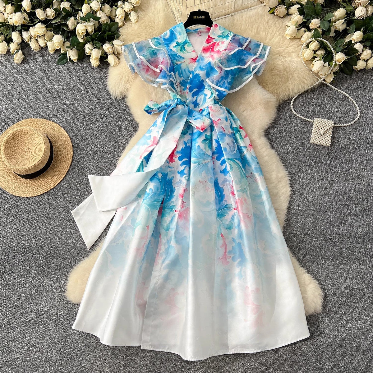 Summer Ruffles Sleeve Lace Up Bow Belt Evening Party Dress Blue Midi Dresses - Tophatter Daily Deals