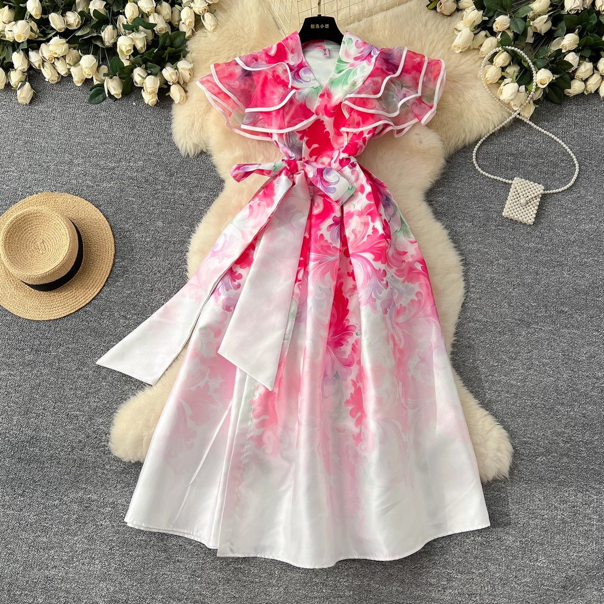 Summer Ruffles Sleeve Lace Up Bow Belt Evening Party Dress Red Midi Dresses - Tophatter Daily Deals