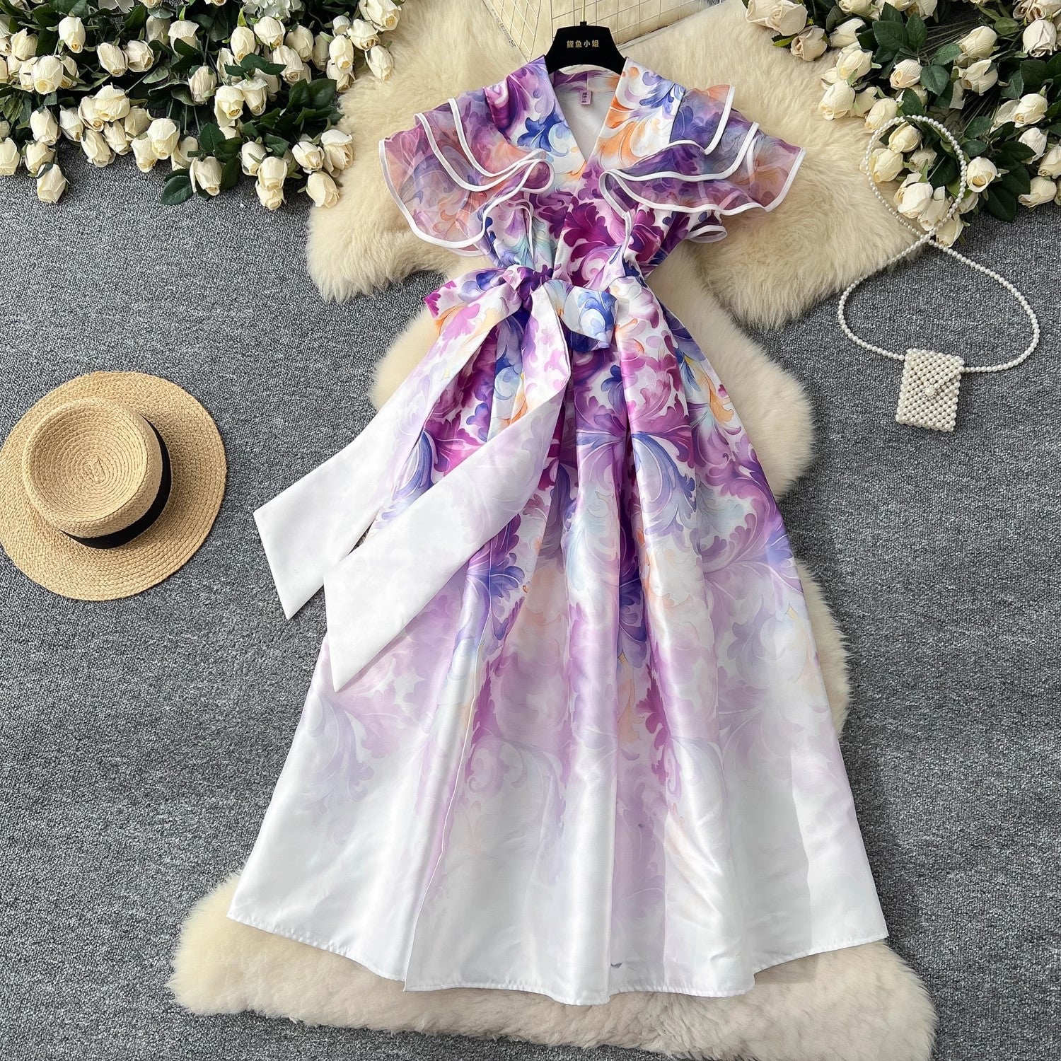 Summer Ruffles Sleeve Lace Up Bow Belt Evening Party Dress Purple Midi Dresses - Tophatter Daily Deals