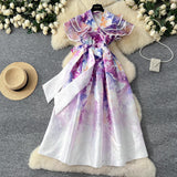 Summer Ruffles Sleeve Lace Up Bow Belt Evening Party Dress Purple Midi Dresses - Tophatter Daily Deals