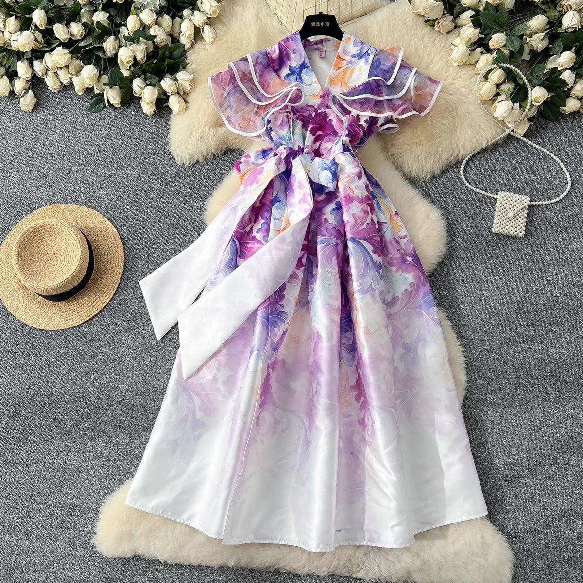 Summer Ruffles Sleeve Lace Up Bow Belt Evening Party Dress Purple Midi Dresses - Tophatter Daily Deals