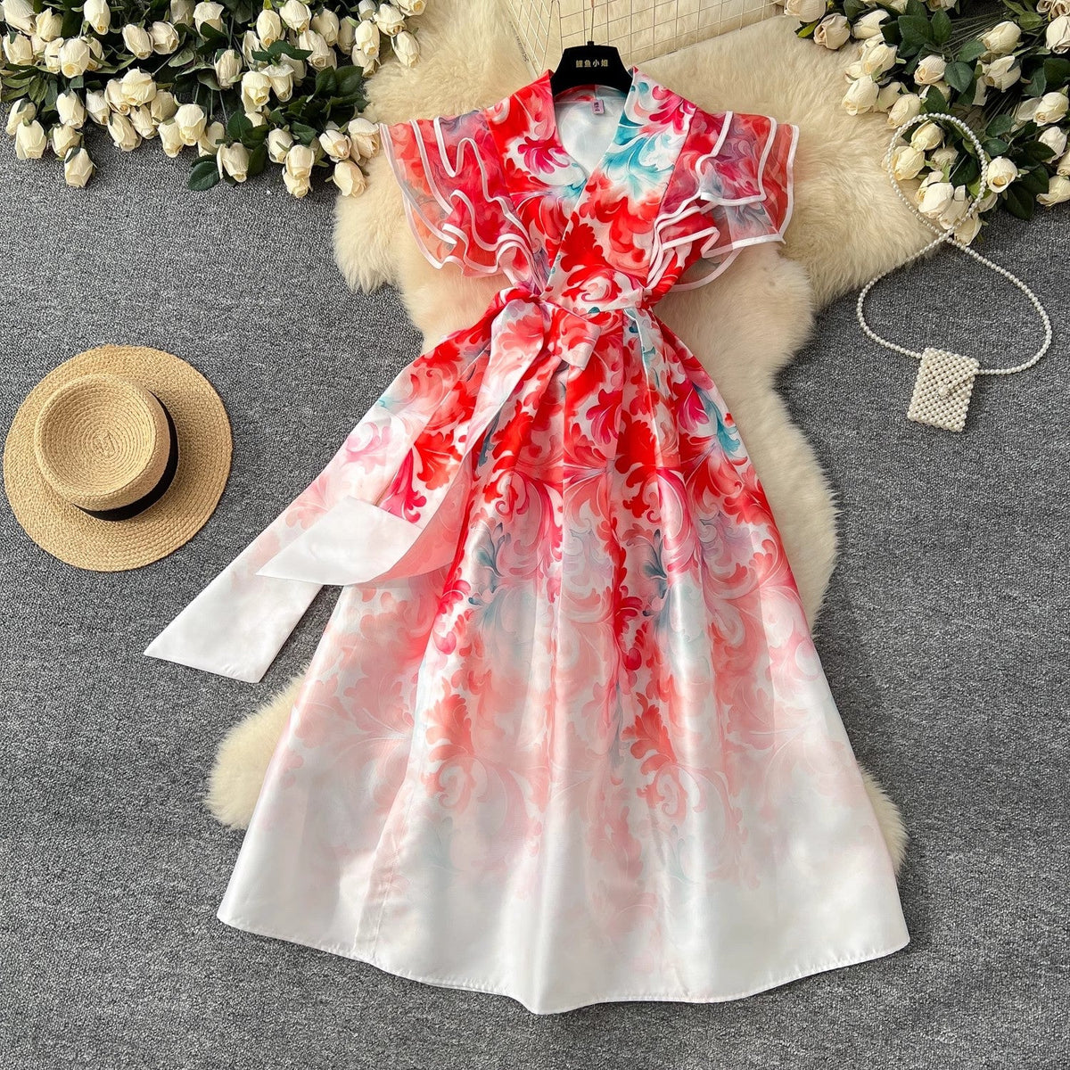 Summer Ruffles Sleeve Lace Up Bow Belt Evening Party Dress Watermelon Midi Dresses - Tophatter Daily Deals