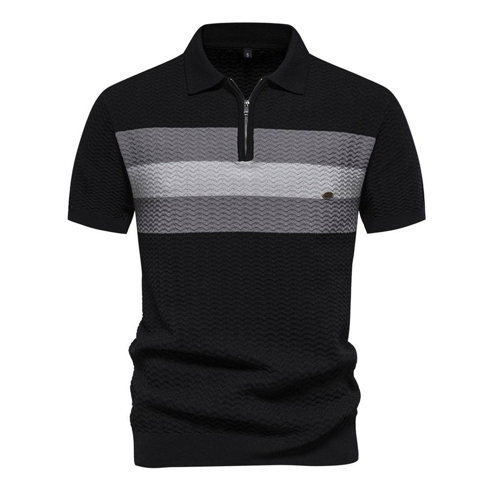 Summer Textured Ribbed Knit Cool Polo Shirt Black Men's Clothing - Tophatter Daily Deals