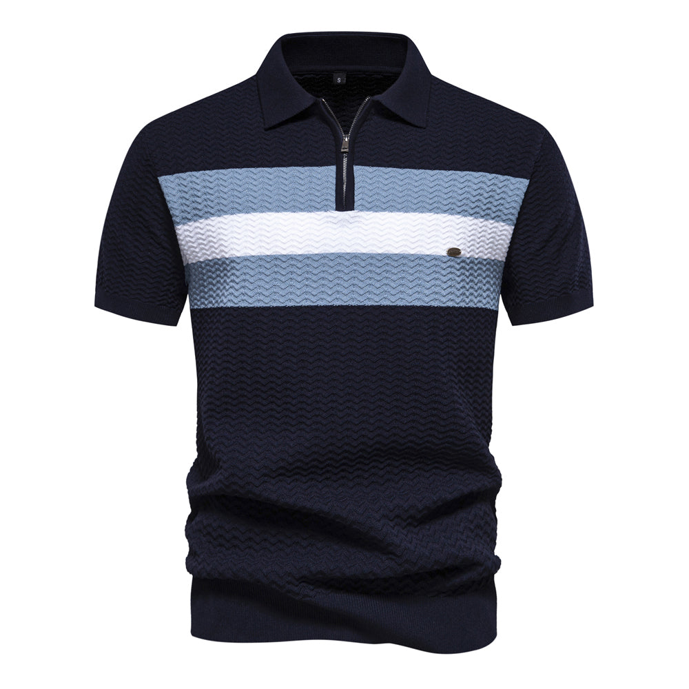 Summer Textured Ribbed Knit Cool Polo Shirt Navy Men's Clothing - Tophatter Daily Deals