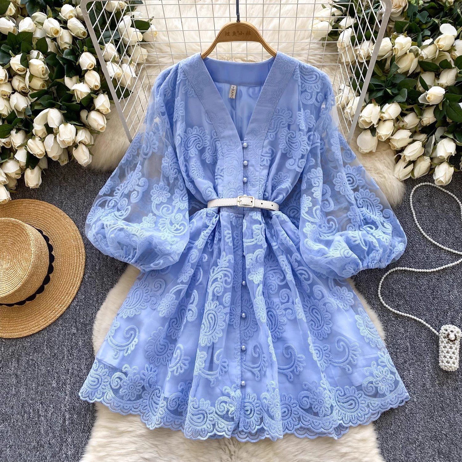 Summer Women V Neck Lantern Sleeve Mini Dress Mini Dresses - Tophatter Daily Deals
