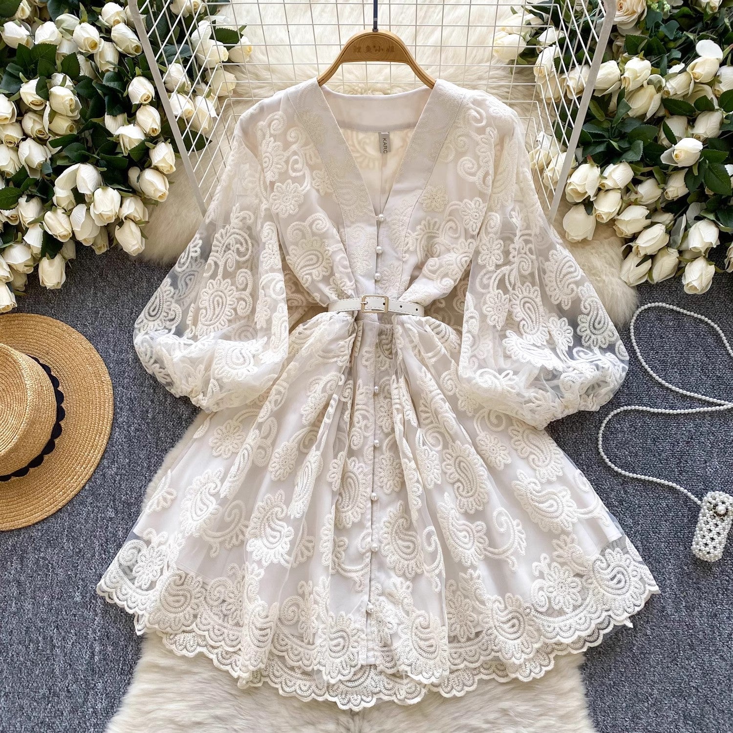 Summer Women V Neck Lantern Sleeve Mini Dress Apricot Mini Dresses - Tophatter Daily Deals