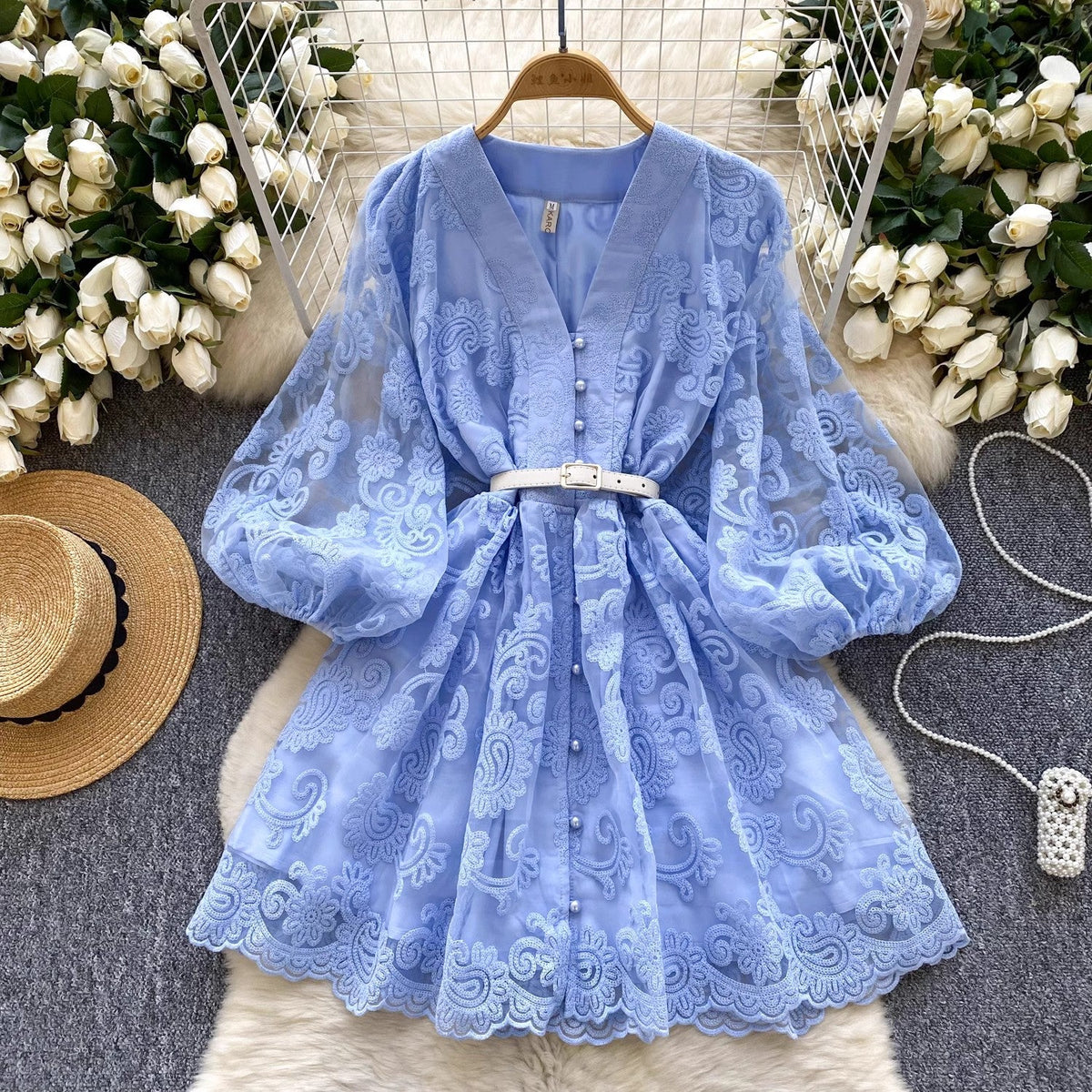 Summer Women V Neck Lantern Sleeve Mini Dress Blue Mini Dresses - Tophatter Daily Deals