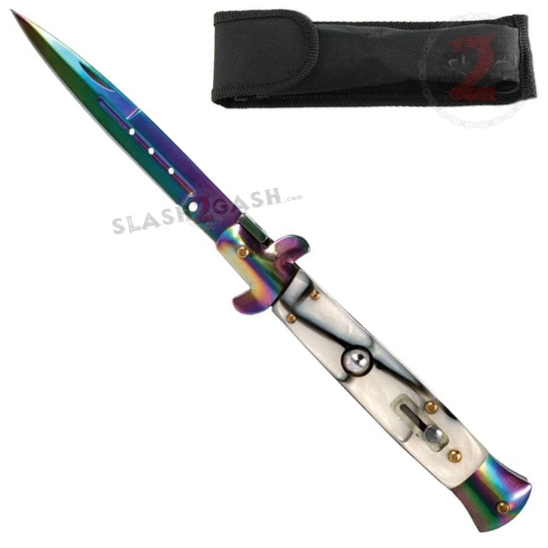 9" Italian Milano Stiletto Titanium Rainbow Auto Knife - White Marble Knife-Auto - Tophatter Daily Deals
