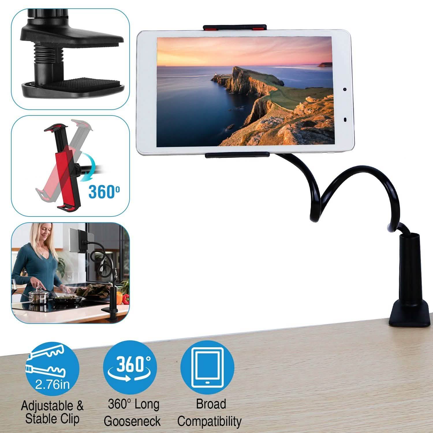 Tablet Gooseneck Stand Bracket with 360¬∞ Rotatable Clip Mobile Accessories - Tophatter Daily Deals