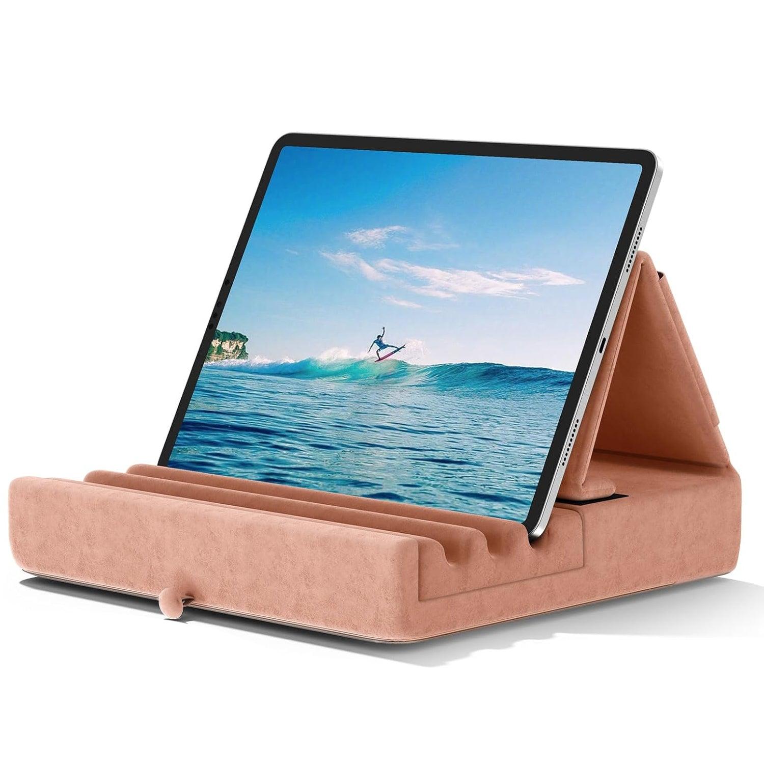 Tablet Pillow Stand - Foldable iPad Holder for Lap | Bed and Desk with Pocket & Stylus Mount Compatible with iPad Pro 12.9, 10.5, 9.7 Air Mini 6 5 4 3 Beige Apparel & Accessories - Tophatter Daily Deals