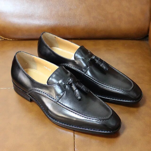Tassel Loafers Vintage Genuine Leather Men Dress Shoes Black Men Shoes - Tophatter Daily Deals