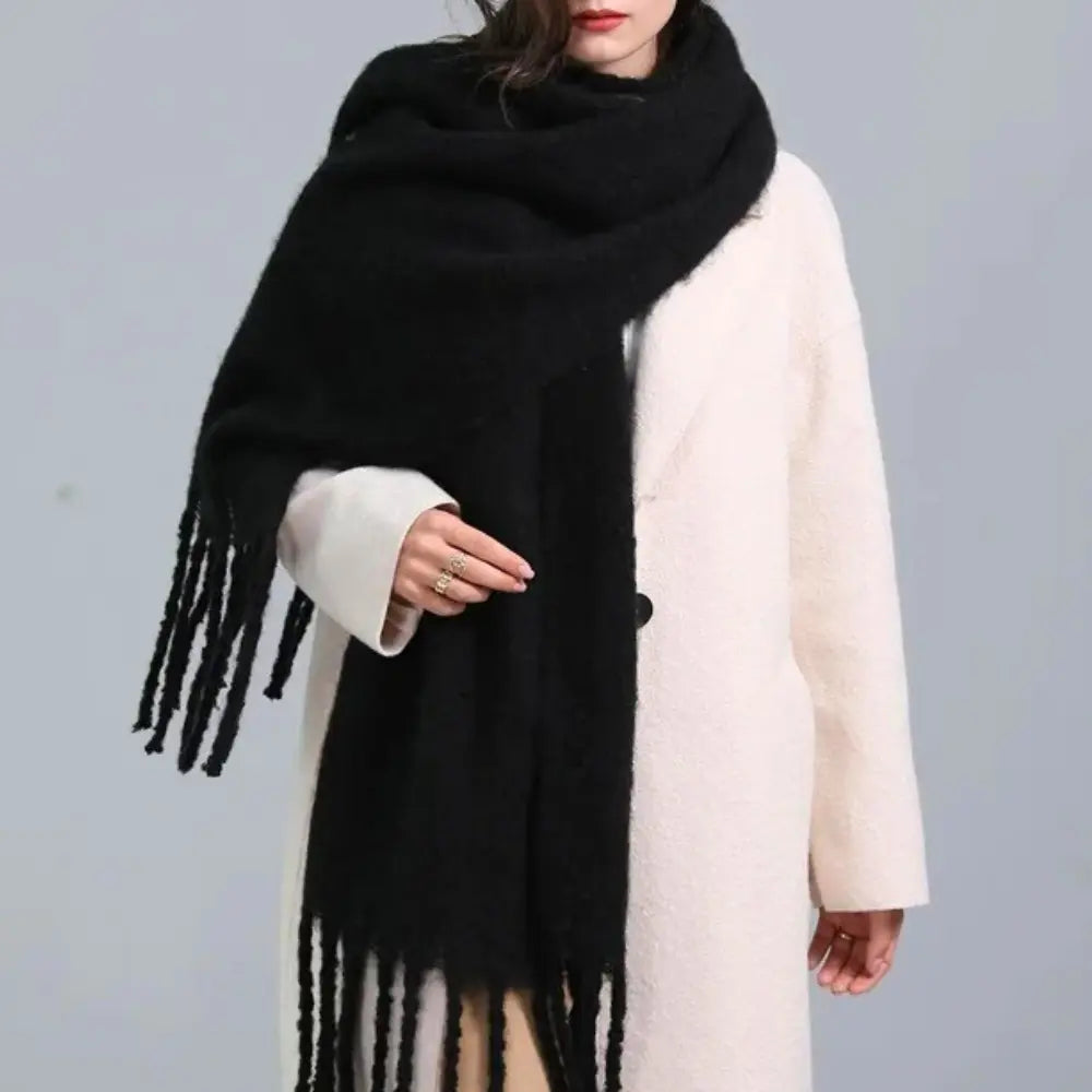 Warm Women’s Oversized Scarf - Tassel Knit Plush For Winter Black One Size - Tophatter Daily Deals