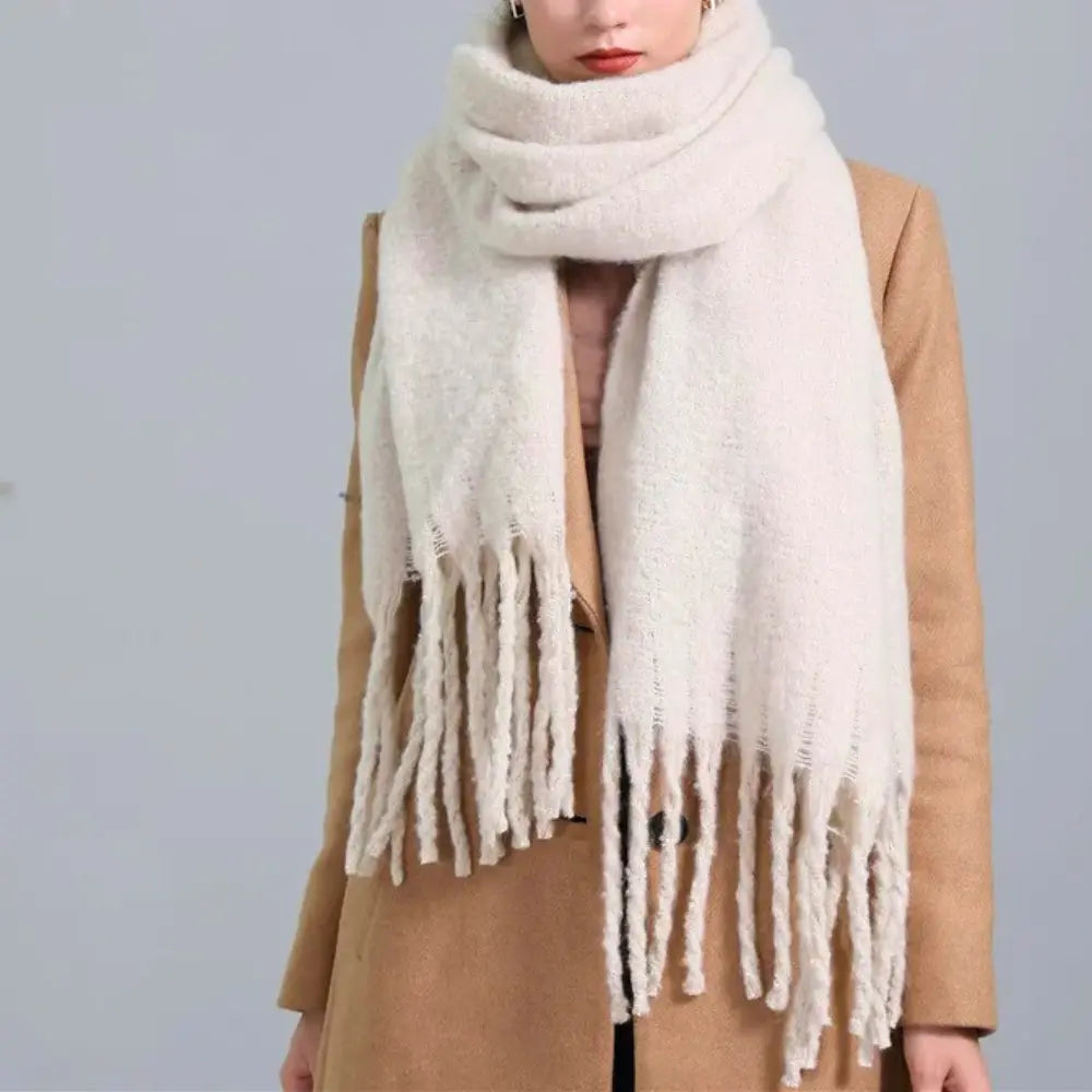 Warm Women’s Oversized Scarf - Tassel Knit Plush For Winter White One Size - Tophatter Daily Deals