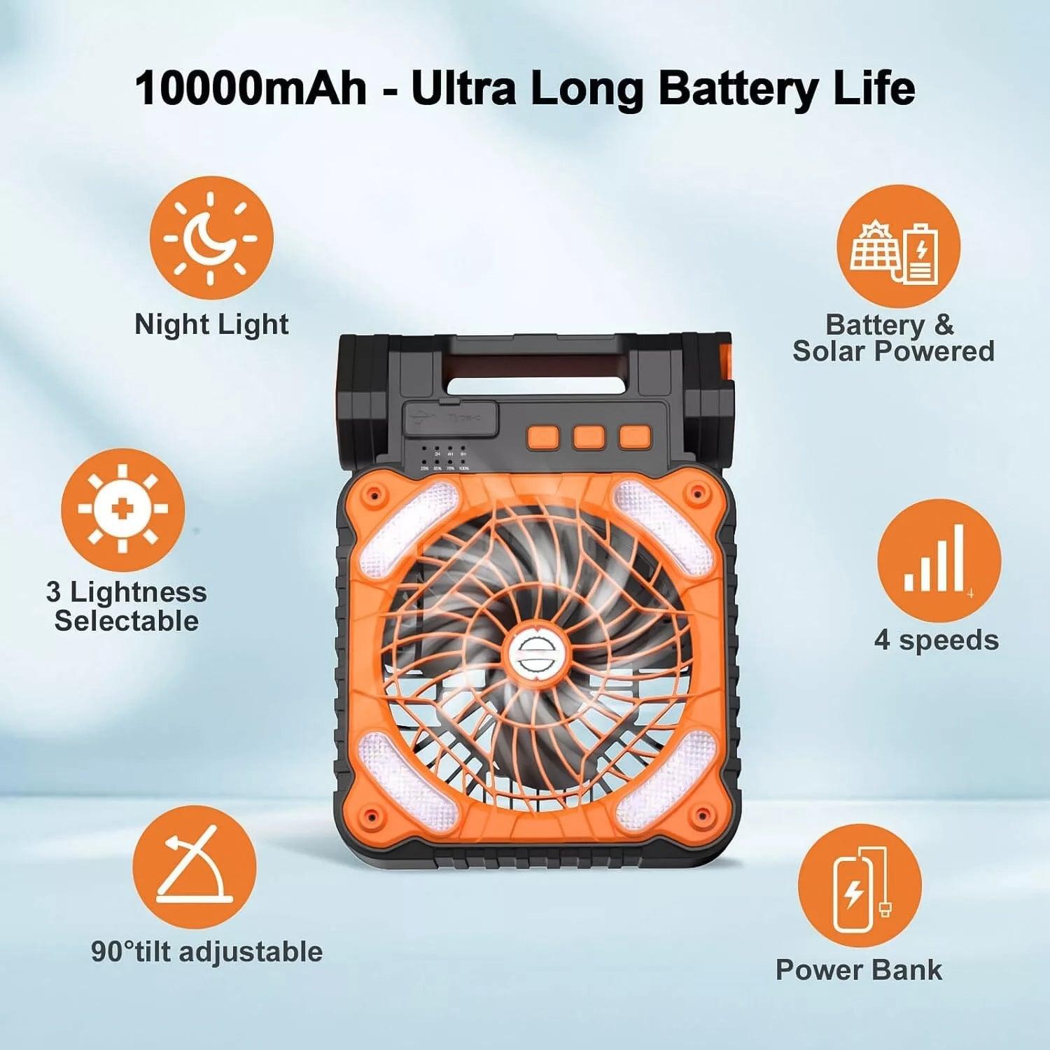 Rechargeable Camping Fan - 20000Mah Solar Powered Portable Fan with LED Lantern, 3 Speeds Cord Sports & Outdoor - Tophatter Daily Deals